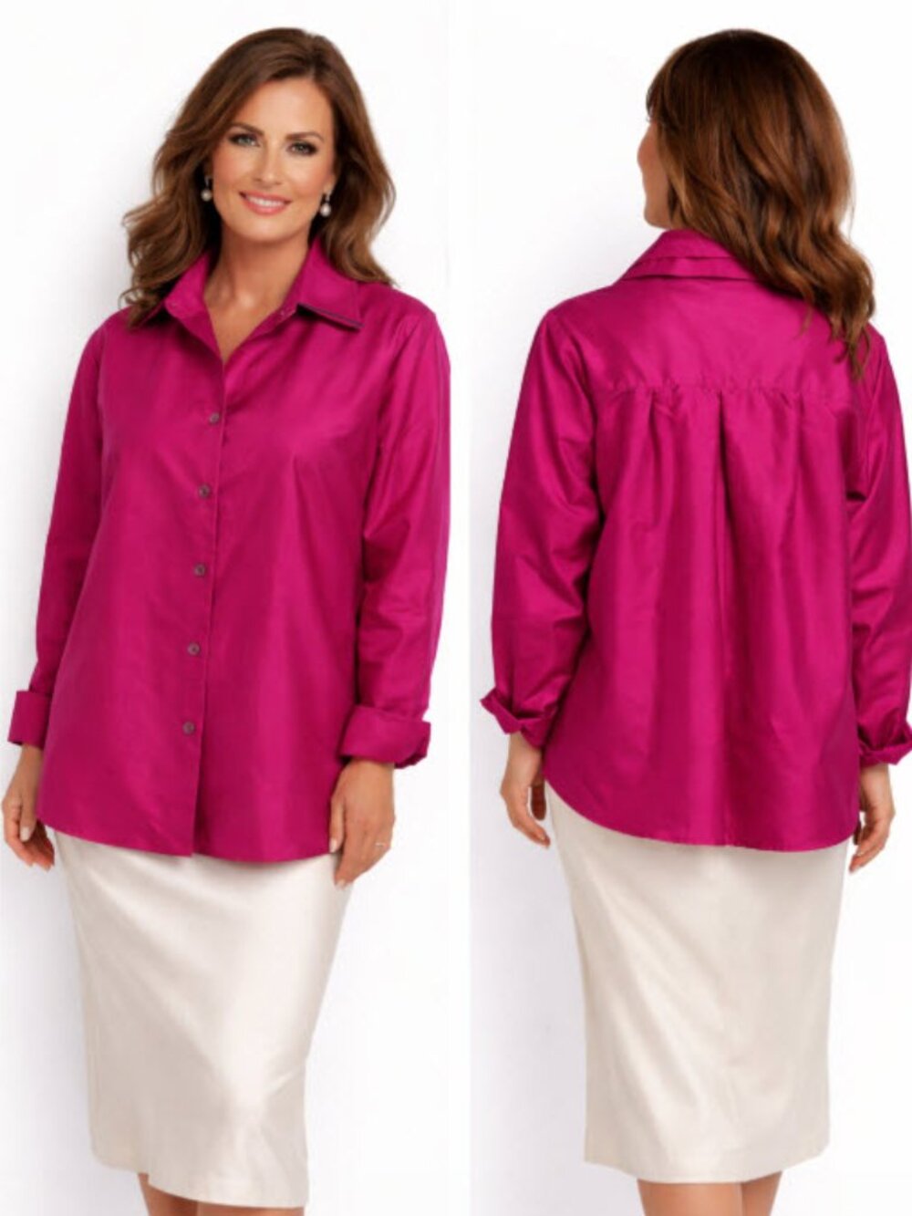 Marisa Baratelli Fuchsia Silk Button Shirt Raw Thai 10 Quiet Luxury Preppy Chic